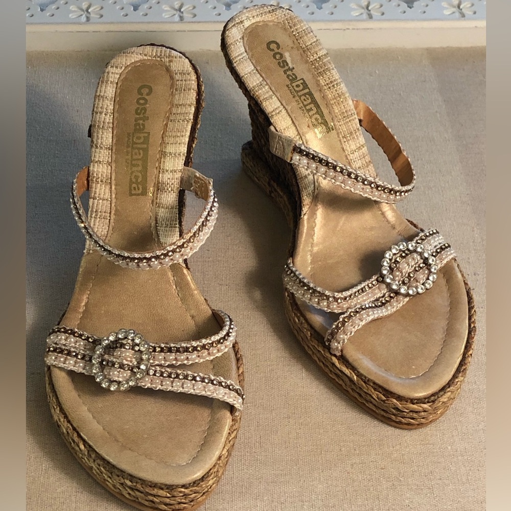 Costa Blanca Strappy Wedge Sandals With Rhinestone And Pearl Accents. Size 7 1/2 - Picture 8 of 14